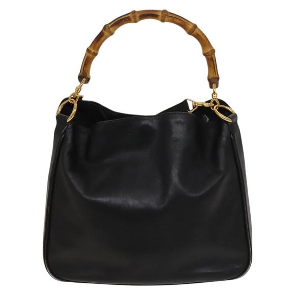 GUCCI Bamboo Hand Bag Leather Black Gold 001 2113 001 2113 - Picture 3 of 12